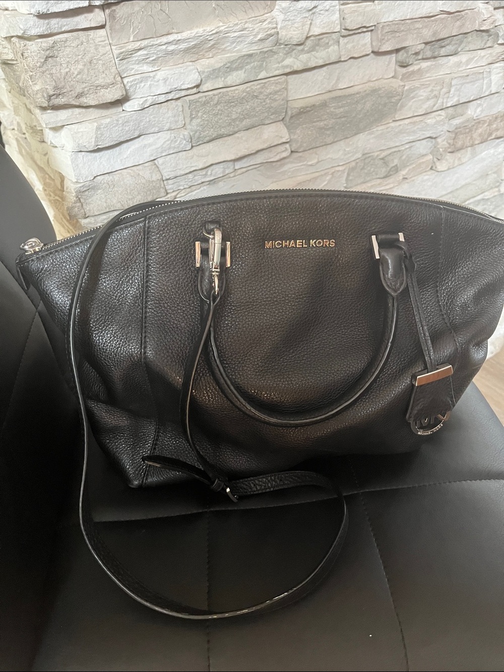 Michael Kors Black Pebbled Leather Dome Satchel with Gold Hardware